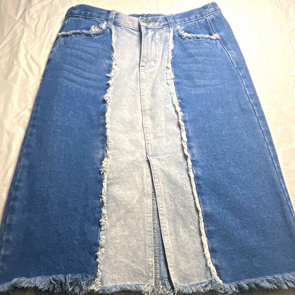 Hayden Los Angeles Blue Colorblock Denim A-Line Midi Skirt M Pockets Slit(139)